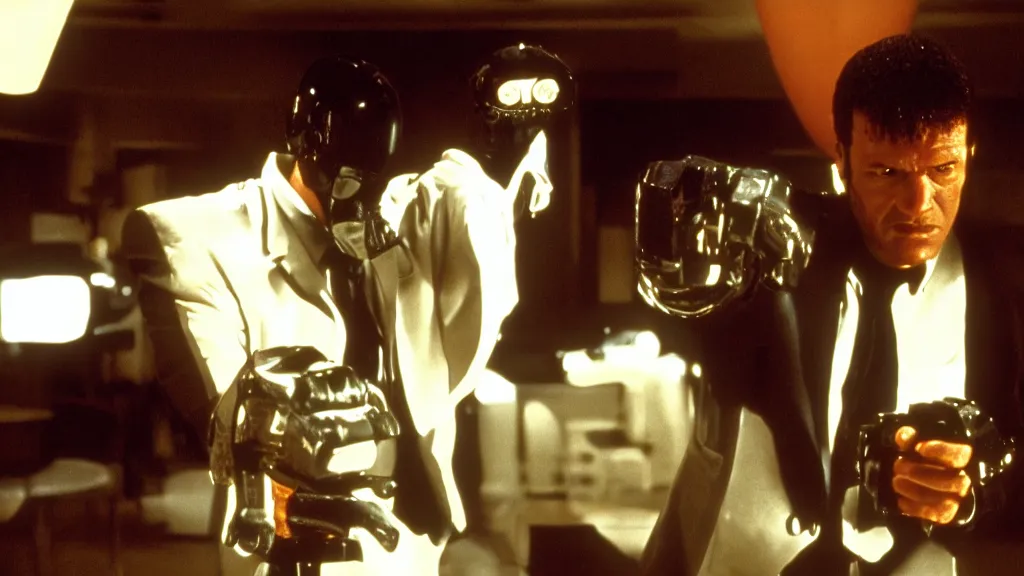 Prompt: movie still of pulp fiction but with robots, movie still, cinematic composition, cinematic light, by david lynch