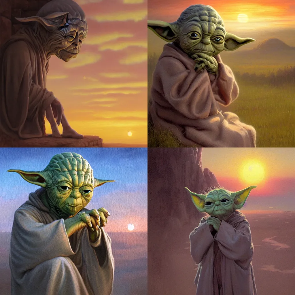 Prompt: a melancholy detail oil painting of Yoda pondering his Orb in the sunset one last time, by WLOP and Todd Lockwood, Greg Rutkowski