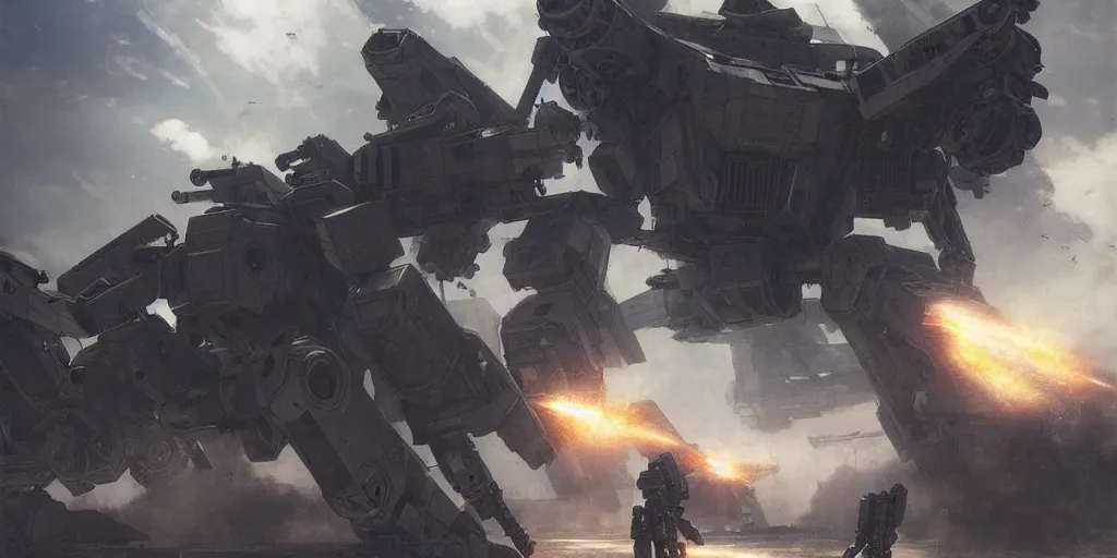 Prompt: an armored core on the ground, booster, legs, laser rifles, clouds, daylight ; detailed illustrations, pastel tones, deep colors, clear lines, by jordan grimme, greg rutkowski