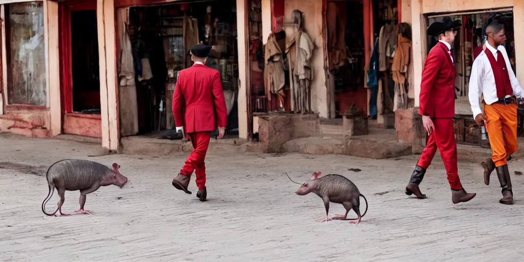 a pressed rat wearing red jodhpurs, next to a warthog | Stable ...