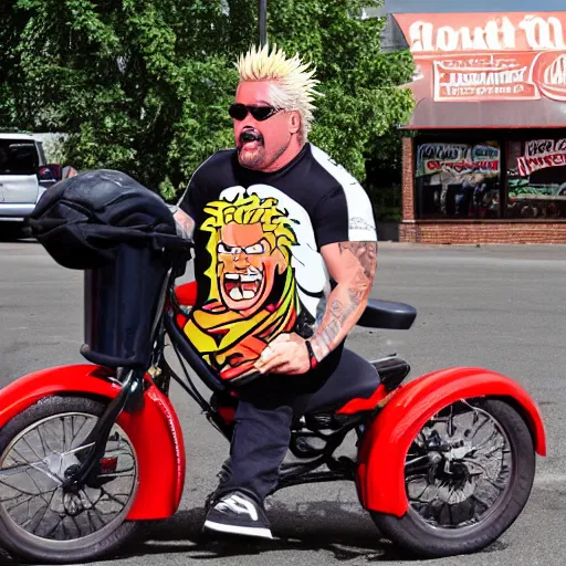 Image similar to guy fieri riding unicycle eating hot dog