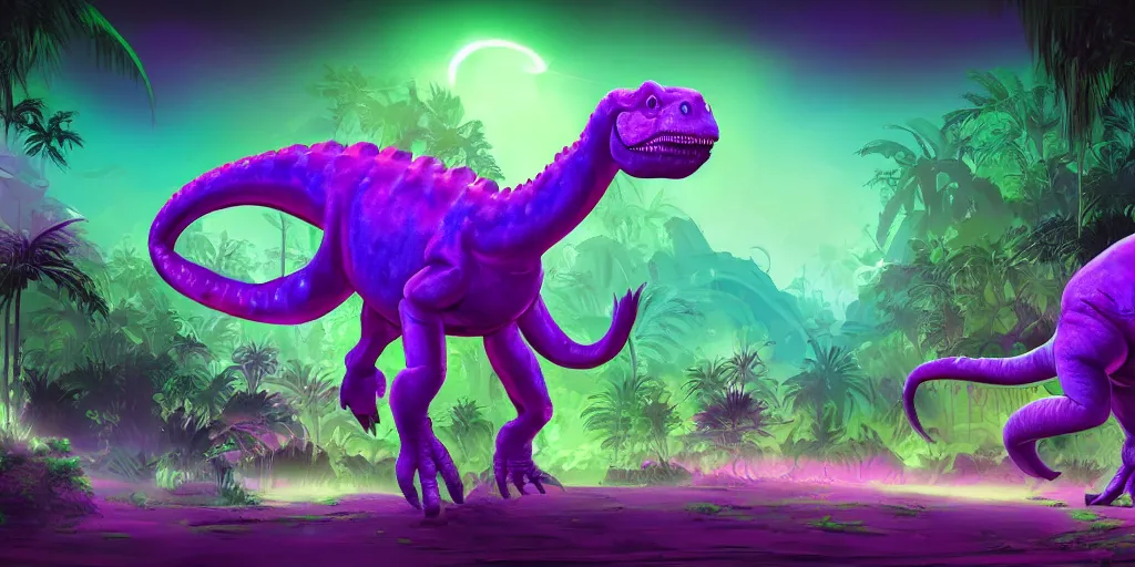 Image similar to spectral purple neon dinosaur, green jungle background, detailed, ultrawide landscape, concept art