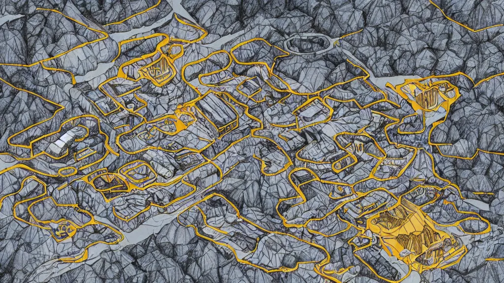 Prompt: Aerial view of a Australian gold mine, a fire cave, an ice mine and a fire mine, lineart, colored