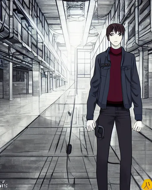 Prompt: Digital state-sponsored anime art of Hasan Piker by A-1 studios, serious expression, empty warehouse background, highly detailed, spotlight