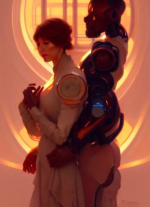 Prompt: portrait of two robot in love, realistic, warm colours, highly detailed, cinematic lighting digital painting, artstation by by artgerm and greg rutkowski and alphonse mucha