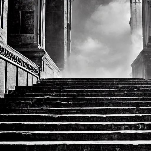 Image similar to black and white press photograph, highly detailed space of purpendicular stairs going in multiple ways, detailed textures, natural light, mist, architecture photography, film grain, soft vignette, sigma 8 5 mm f / 1. 4 1 / 1 0 sec shutter, darren aronofsky film still promotional image, imax 7 0 mm footage