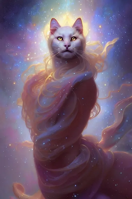 Image similar to Full view realistic ethereal stunning Celestial Cat of cosmic nebula with Pixar fur, 4k digital painting masterpiece by Mandy Jurgens and Ruan Jia, ornate Iconography background in the style of Alphonse Mucha, tarot card, amazing, magnificent, mystical, Hyperdetailed, award winning art, Ross Tran, wlop, Artgerm, Craig Mullins, detailed and realistic, soft lighting, intricate details, realistic, full view, Artstation, CGsociety