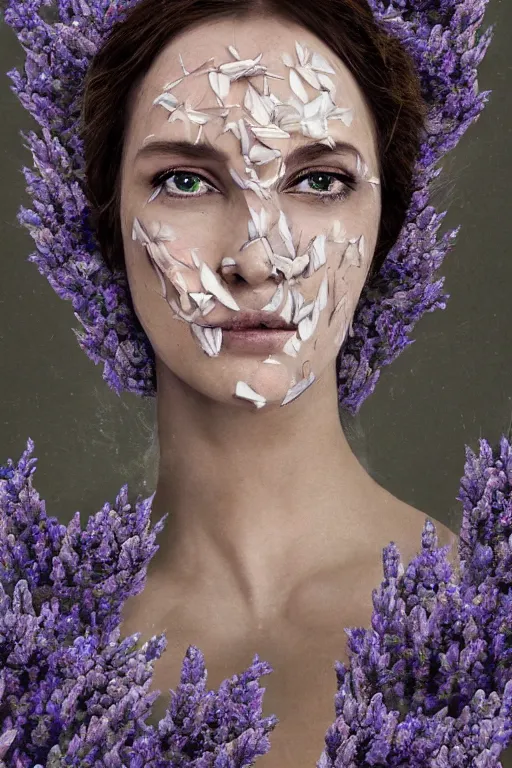Image similar to hyperrealism close - up mythological portrait of a exquisite medieval woman's shattered face partially made of lavender flowers in style of art deco, wearing silver silk robe, dark palette