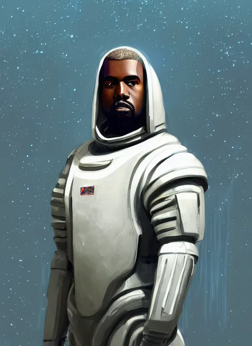 Image similar to painted full body portrait of kanye west as a magicpunk futuristic medieval astronaut by greg rutkowski, he is about 3 0 years old, short blond hair, athletic and strong, straight jaw, wearing futuristic space gear, highly detailed portrait, digital painting, artstation, concept art, smooth, sharp foccus ilustration, artstation hq.