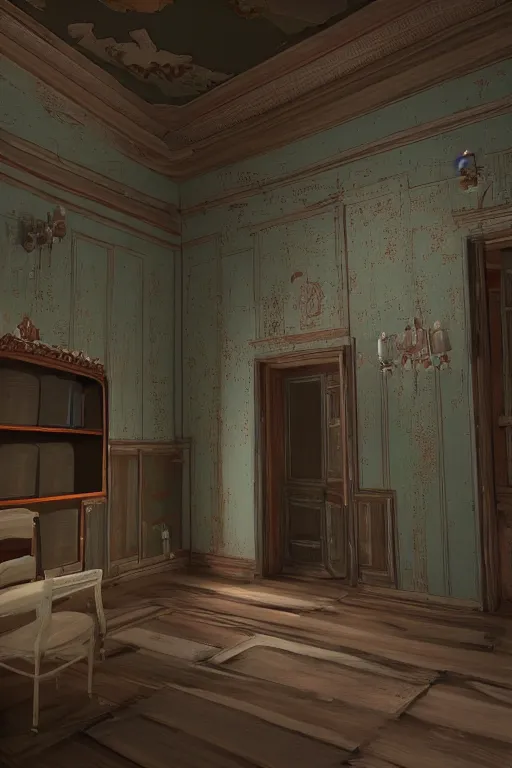 Prompt: an uncanny procedurally generated 3 d render of the backrooms painted by pavel svinyin