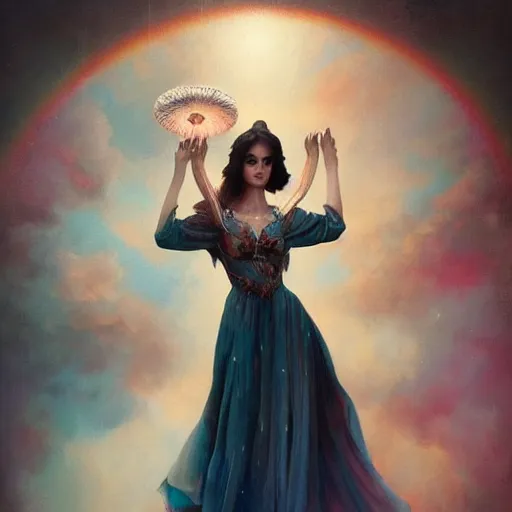 Image similar to By Tom Bagshaw, photorealistic soft paint portrait of a beautiful female face in full long dress curiosities carnival with mushrooms, symmetry accurate features, very intricate details, focus, ominous sky, rainbow lighting, volumetric clouds, god rays