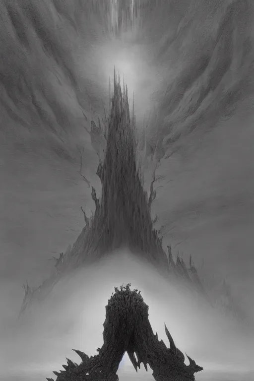Prompt: in the black storm, a giant colossus, on a darkling plain, drawn by nicholas delort and zdzisław beksinski, graphic black and white, low camera, wide angle, centered composition, golden ratio