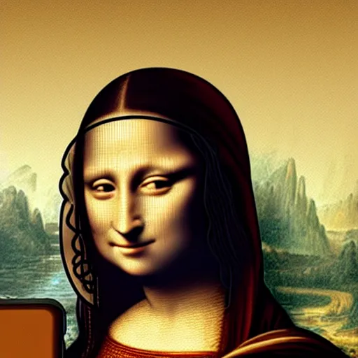 Prompt: the mona lisa with headphones and a phone listening to Lana del rey, photorealistic, high detail