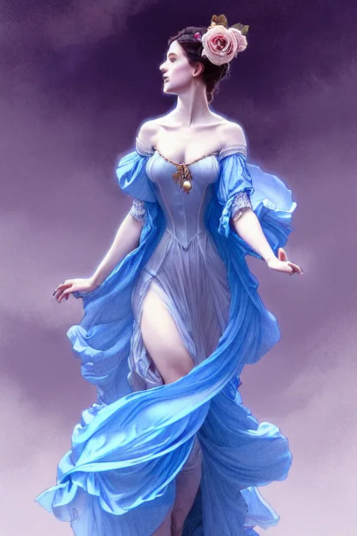 Prompt: woman dressed in a vaporous wrapped large victorian blue roses silk semi-transparent dress fashion is running D&D, fantasy, intricate, elegant, highly detailed, digital painting, artstation, concept art, matte, sharp focus, illustration, art by Artgerm and Greg Rutkowski and Alphonse Mucha