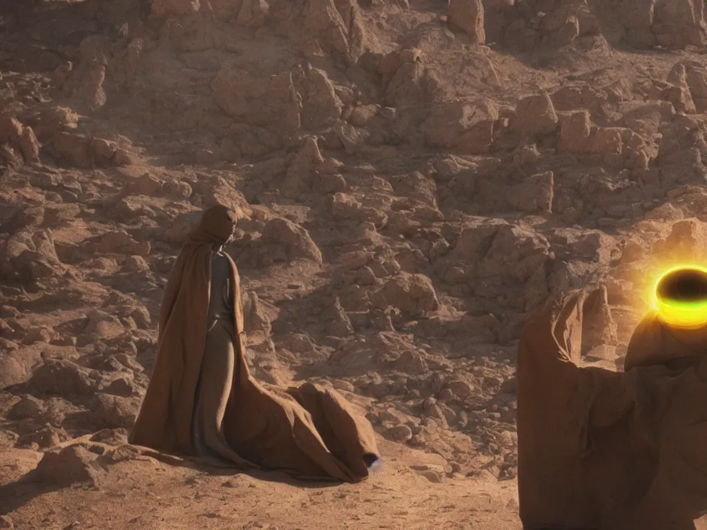 Prompt: levitating glowing bene gesserit with full - face golden mask and glowing eyes in a dry rocky desert landscape, sunny atmosphere, fata morgana giant mirrors, giant alien spaceship in the sky by alejandro jodorowsky, anamorphic lens, kodakchrome, cinematic composition, practical effects, 8 k,