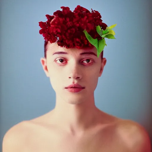 Image similar to a flower / human hybrid, studio medium format color photo