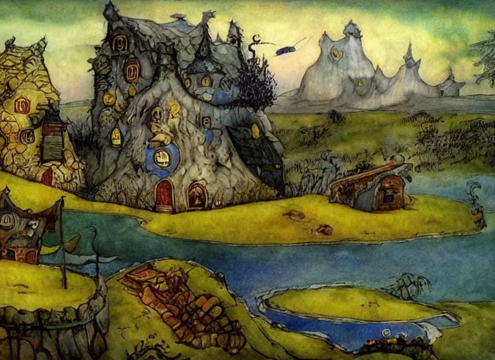 Prompt: a fantasy landscape with houses around a big lake, lowbrow in the style of alexander jansson and john bauer and francisco de goya,