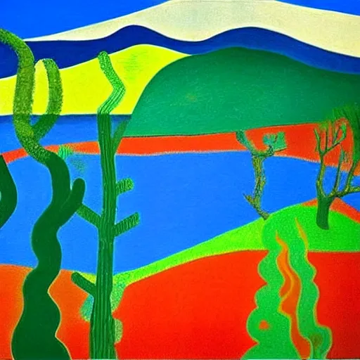 Image similar to a wild modernist landscape painting filled with energy patterns rippling in all directions, mountains, rushing water, saturated colors. David Hockney.