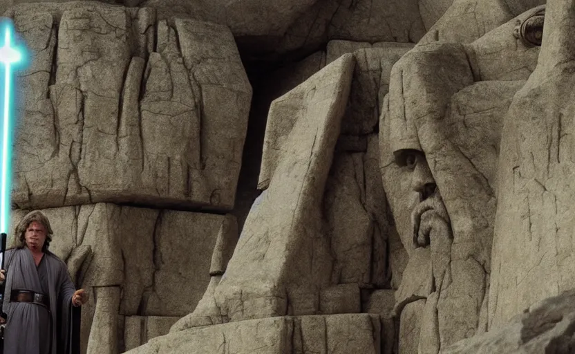 Image similar to screenshot of low angle wide shot of Luke skywalker, played by mark hammill,looking up to a large stone sculpture of an ancient Jedi master in robe, looming in the sky outside the rocky Jedi Temple, a female sith lord in white approaches with a lightsaber, scene from The Lost Jedi Star Wars film made in 1980, directed by Stanley Kubrick, serene, iconic scene, hazy atmosphere, stunning cinematography, hyper-detailed, sharp, anamorphic lenses, kodak color film, 4k