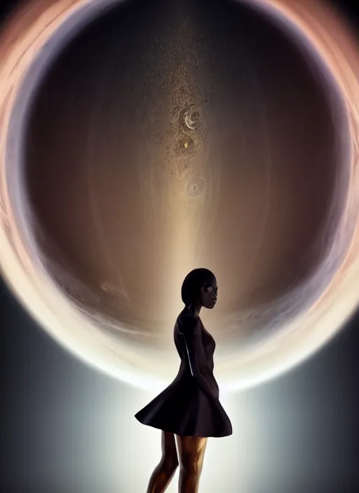 Image similar to symmetry!! a 2 8 mm macro photo of a beautiful young black woman standing in front of a ringed planet with rings in space. cute - fine - face, pretty face, realistic shaded perfect face, dark, concept art, cinematic, dramatic, atmospheric, 8 k, trending on artstation, haze, low visibility, fog, christopher nolan, interstellar