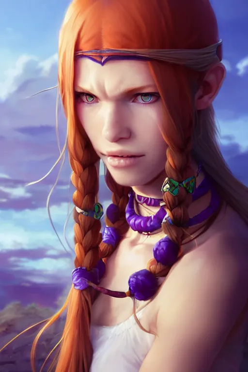 Image similar to long ginger hair, tanned woman in a prehistoric outfit, green eyes, fang necklace, by artgerm, hair tied in a ponytail, white backdrop, soft lighting, blue and purple colors, by greg rutkowski makoto shinkai takashi takeuchi