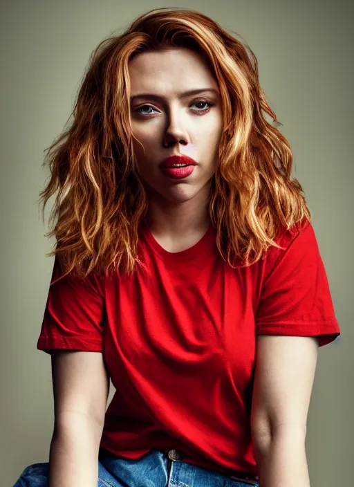 Image similar to portrait of scarlet johansson wearing a red t shirt and short jeans, by charlotte grimm, natural light, detailed face, beautiful features, symmetrical, canon eos c 3 0 0, ƒ 1. 8, 3 5 mm, 8 k, medium - format print, half body shot