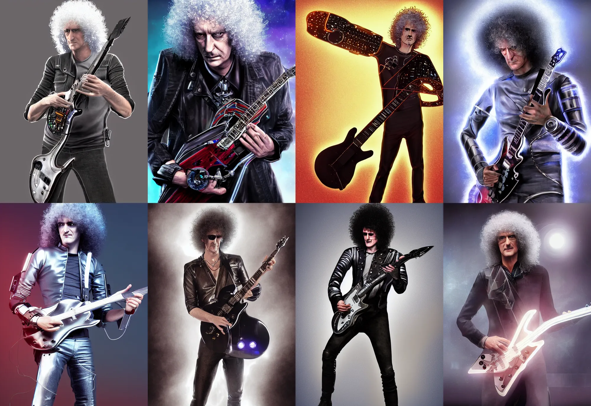 Prompt: a cyborg resembling brian may, holding an electric guitar, leds, chrome, science fiction, concept art, atmospheric, volumetric light, very realistic, highly detailed digital art