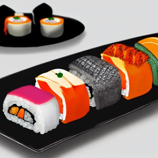 Prompt: A beautiful roll of sushi made of diamonds on a black plate, unreal engine, octane render, ultradetailed, deep color