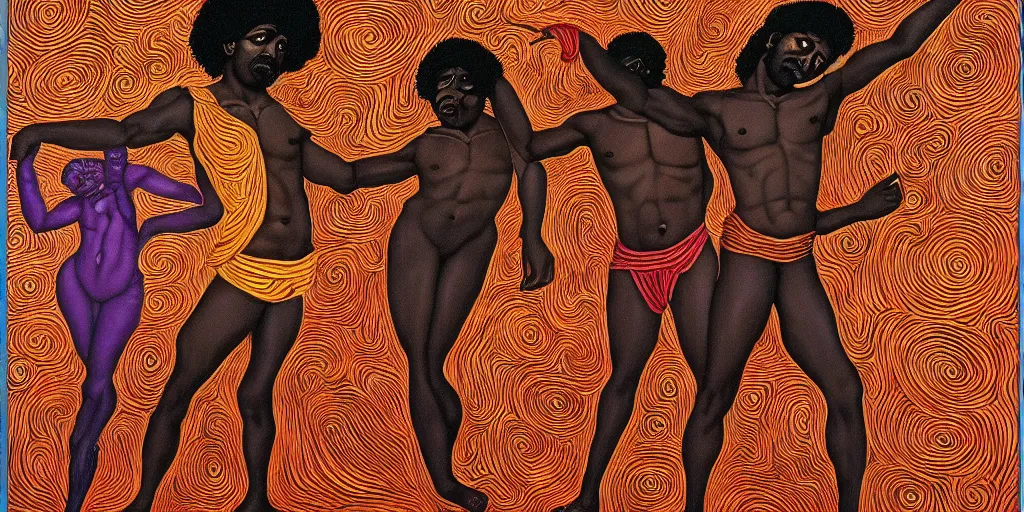 Prompt: an abstract spiritual background, portrait of a virile dark - skinned greek god dancing. 2 4 mm, photorealistic, muted color scheme, directed by mati klarwein