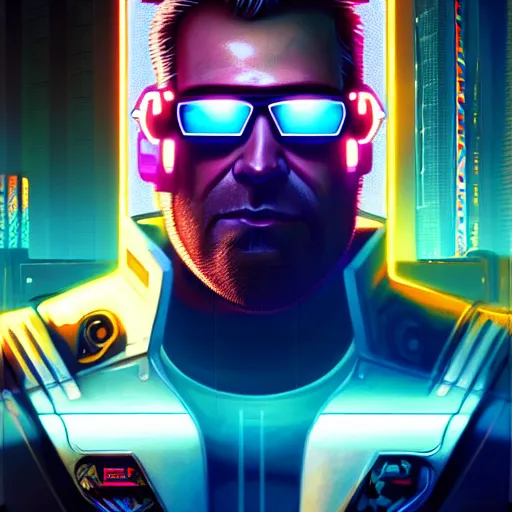 Prompt: a portrait of cyberpunk Duke Nukem wearing mirrorshades, Night City, cyberpunk 2077, neon megacity in the background, angry and bored, illustration, soft lighting, soft details, painting oil on canvas by mark arian by artgerm, trending on artstation, 4k, 8k, HD