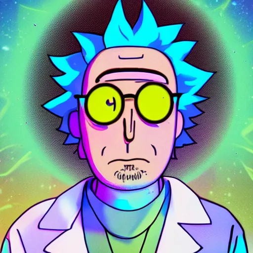 Image similar to portrait art of rick sanchez, rick and morty, lab coat and tee shirt, lens flare, atmosphere, glow, detailed, intricate, full of colour, cinematic lighting, 4 k, hyperrealistic, focused, extreme details, cinematic, masterpiece
