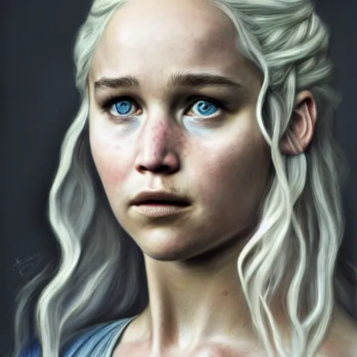 Prompt: portrait of the daughter of daenerys targaryen and jennifer lawrence as a young woman, hyperdetailed, hyperrealism.