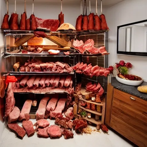 Prompt: an apartment made of meat and meat accessories, everything is meaty, edible living arrangements ( meat ). like it's all meat.