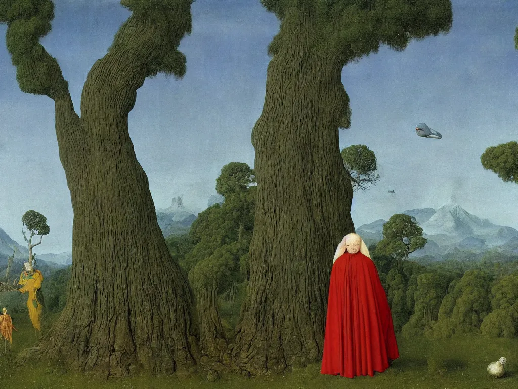 Image similar to albino mystic, with his back turned, with wild exotic Cabezon looking at a giant Sequoia forest in the distance. Painting by Jan van Eyck, Audubon, Rene Magritte, Agnes Pelton, Max Ernst, Walton Ford