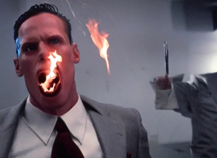 Prompt: Fire breathing dragon wearing a suit, still from the American Psycho (2000), cinematic, 4K Bluray