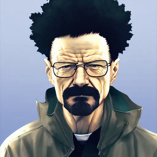 Prompt: walter white with an afro and a giant mustache, digital painting masterpiece, gorgeous brush strokes, advanced lighting technology, by shigenori soejima