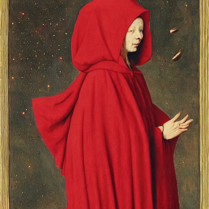 Image similar to a woman in a red hooded cloak in a nebula, by Jan van Eyck