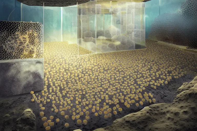 Image similar to favela simple jellyfish bunker honeybee hive, mission arts environment, industrial factory, soothing, award winning art, epic dreamlike fantasy landscape, ultra realistic,