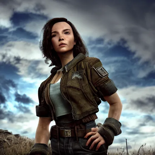 Image similar to fallout 5, charismatic beautiful rugged brunette female protagonist, portrait, outdoors in front of the entrance to vault 1 5 6, atmospheric lighting, painted, intricate, volumetric lighting, beautiful, daytime, sunny weather, slight overcast, sharp focus, deep colours, ultra detailed, by leesha hannigan, ross tran, thierry doizon, kai carpenter, ignacio fernandez rios