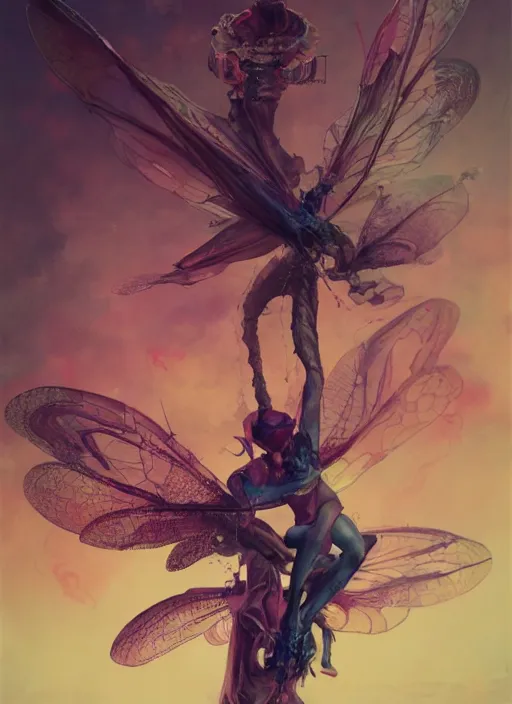 Image similar to surreal gouache painting, by yoshitaka amano, by ruan jia, by Conrad roset, by good smile company, detailed anime 3d render of a Giant glowing dragonfly sitting on a DJ mixer, portrait, cgsociety, artstation, rococo mechanical and electronic, dieselpunk atmosphere