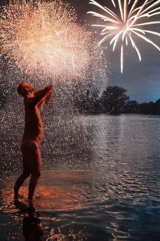 Image similar to man throwing a beagle in the air while standing in water with fireworks in background, full body, silhouette, reflection in water, volumetric lighting, golden ratio, backlit