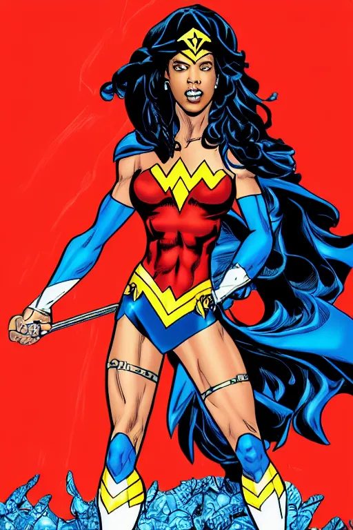 Prompt: aaliyah haughton as wonder woman, standing, full body, vector image, comic books style, very detailed, by jim lee, by todd mcfarlane, by rob liefeld