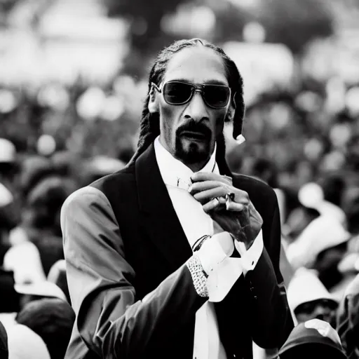 Image similar to vintage photograph of Snoop Dogg speaking at the Million Man March, Sigma 40mm, portrait, black and white