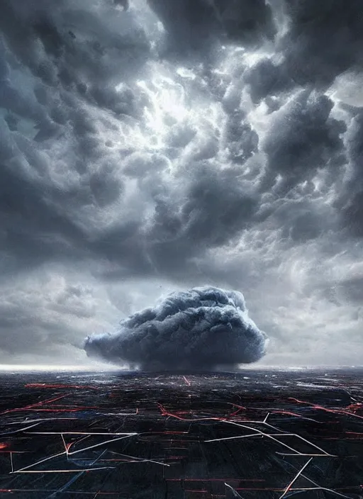 Prompt: a huge stormcloud made of electric waste concept art, dystopic, unreal, cineastic