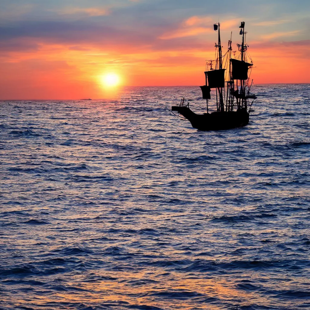 Prompt: beautiful sunset over the ocean with the silhouette of a pirate ship in the center, award winning photography