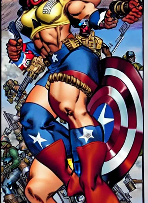 Image similar to black female captain america standing on a pile of defeated ss soldiers. feminist captain america wins ww 2. american ww 2 propaganda poster by rob liefeld, masamune shirow and pixar. gorgeous face. pin up. overwatch.