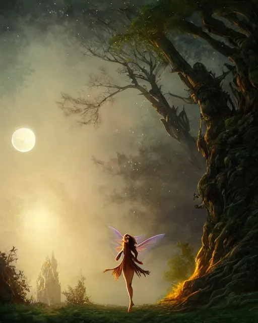 Image similar to attractive fairy goddness fly high in the night, d & d, fantasy, mist, full moon in background, trees, hyper detailed, art by artgerm and greg rutkowski and magali villeneuve, midium shot, 8 k realistic, cryengine, digital painting, trending on artstation, concept art, sharp focus, illustration,