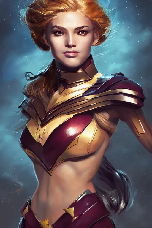 Image similar to three quarters portrait of a beautiful woman,super hero costume,heroic pose,highly detailed, digital painting,illustration, art by Stanley Lau