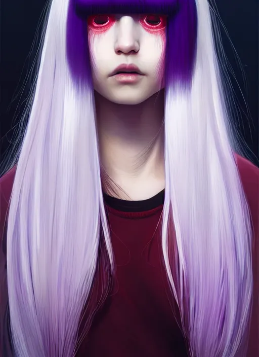 Image similar to hair whitebangs hair, black hair, whitebangs, portrait of teenage girl with white bangs, red irises, purple clothes, white bangs, bangs are different color from hair, intricate, elegant, glowing lights, highly detailed, digital painting, artstation, concept art, smooth, sharp focus, illustration, art by wlop, mars ravelo and greg rutkowski