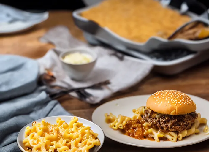 Image similar to dslr food photograph of hamburger over macaroni and cheese, 4 k award winning 8 5 mm f 1. 8